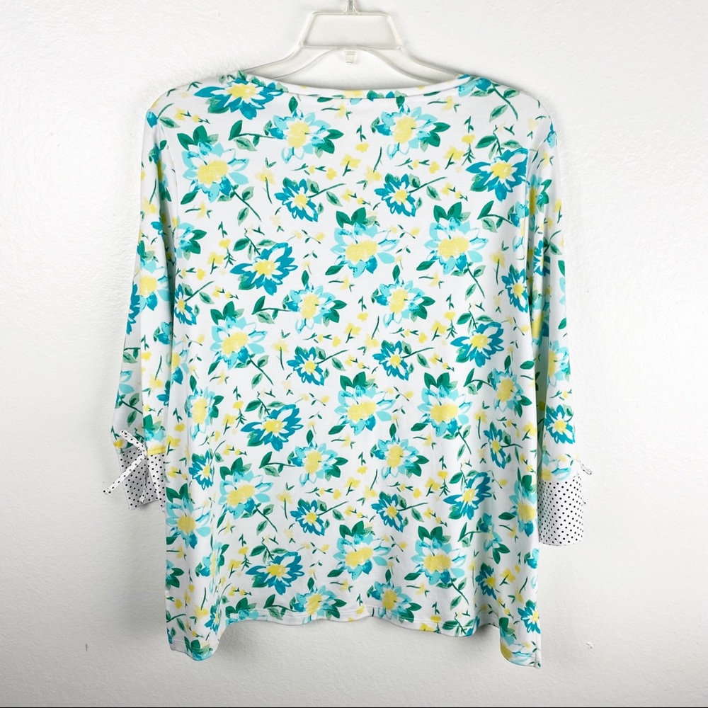 KIM ROGERS 100% Cotton Floral Polka Dot Bow Cuff Curvy Top 1X Casual Spring Boho - Picture 2 of 7